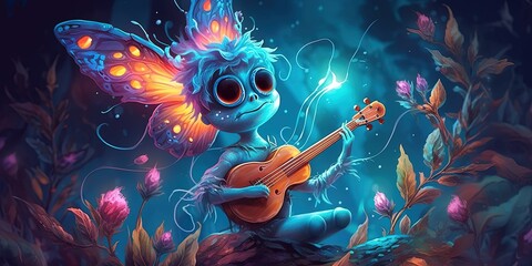 Creature with branch head playing magic banjo string instrument with glowing butterflies, digital art style, illustration painting - obrazy, fototapety, plakaty