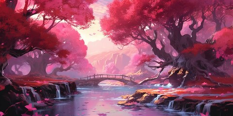 Fantasy landscape with pink magical leaves, illustration painting