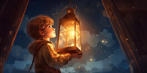 Fantasy scene of the kid holding a lantern and looking at the stars - dimensional window, digital art style, illustration painting - obrazy, fototapety, plakaty