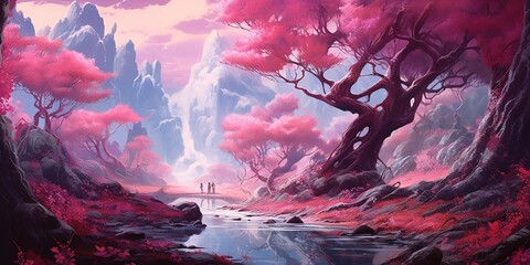 Fantasy landscape with pink magical leaves, illustration painting