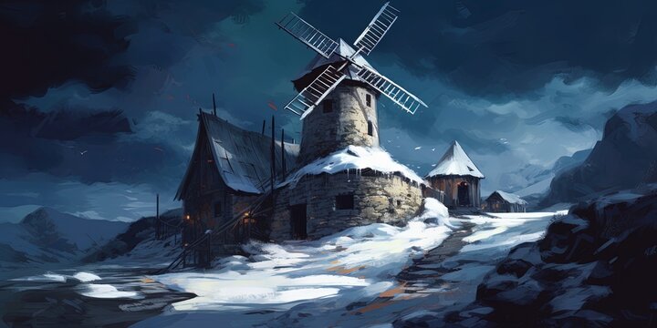 Digital art of night scenery with the windmill on the mountain in winter, illustration painting