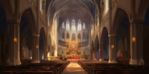 Fototapeta na wymiar Interior view of a church, illustration, digital painting