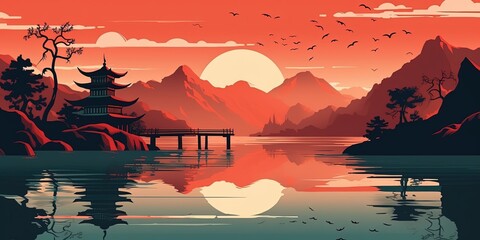 Lake and mountain landscape in chinese style background. In traditional oriental, minimalistic Japanese style. Bright color vector