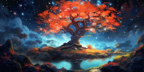 Illustration painting of night landscape with glowing tree