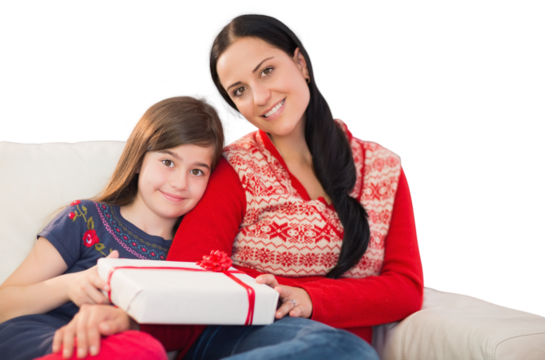 Digital png photo of caucasian mother and daughter with present on transparent background