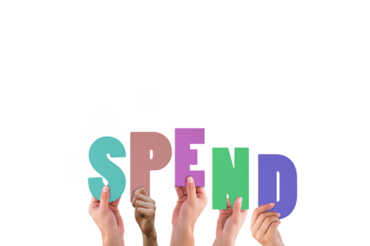 Digital png illustration of hands with spend text on transparent background - Powered by Adobe
