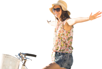 Digital png photo of caucasian woman on bicycle on transparent background