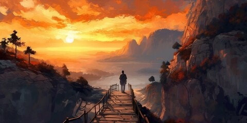 Man standing on mountain pathway stairs looking at the sunset, illustration painting - obrazy, fototapety, plakaty