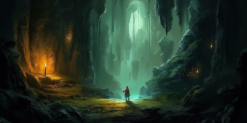 Man with a lantern explores the ancient cave of darkness, digital art style, illustration painting