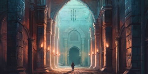 Man with spear standing in front of the hallway leading to the mysterious castle, digital art style, illustration painting