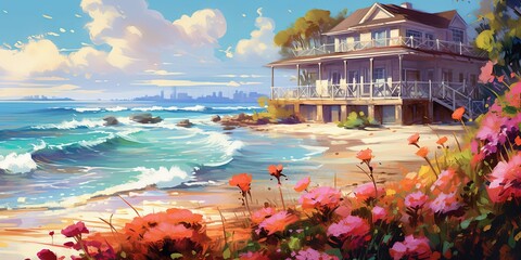 Painting of seascape with beach house and colorful flowers at background