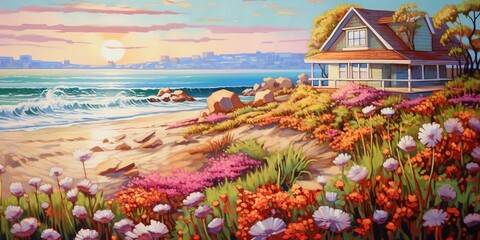 Painting of seascape with beach house and colorful flowers at background