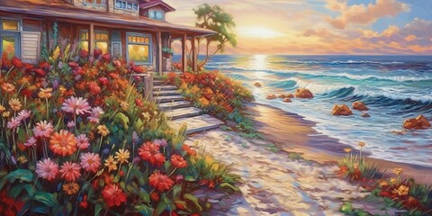 Painting of seascape with beach house and colorful flowers at background