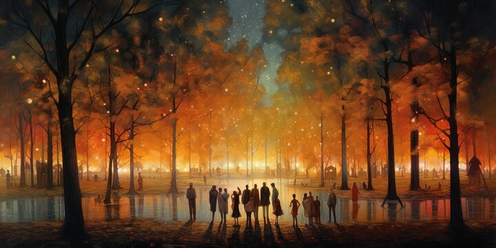 Painting of people in a city park at night, illustration