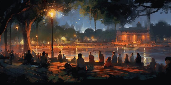 Painting of people in a city park at night, illustration