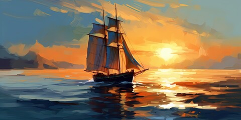 Obraz premium Sailboat in the sea with the evening sunlight, digital art style, illustration painting