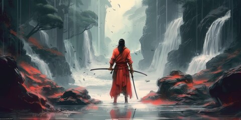 Samurai standing in waterfall garden with swords on the ground, digital art style, illustration painting