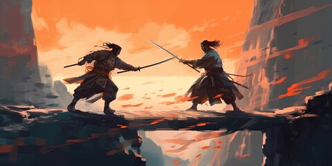Scene of two samurais in duel on the cliff, digital art style, illustration painting - obrazy, fototapety, plakaty
