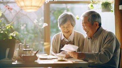 敬老の日、手紙を読んで喜ぶ日本人のシニア夫婦