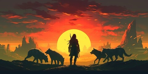 Silhouette of a warrior with a pack of wolves looking at sunset sky, digital art style, illustration painting