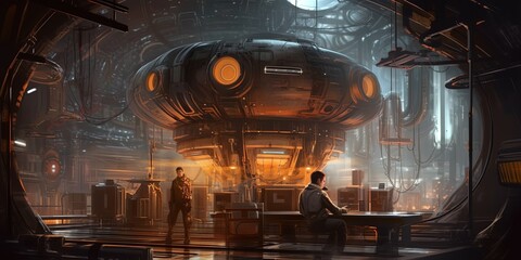 Sci - fi scene showing man restoring the spaceship, digital painting