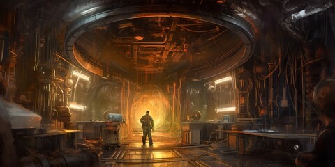 Sci - fi scene showing man restoring the spaceship, digital painting