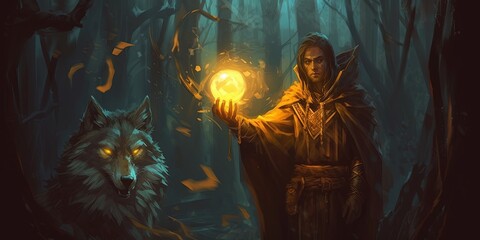 Sorcerer holding a glowing lantern stabding with magic wolf, digital art style, illustration painting