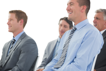 Digital png photo of caucasian group of male business colleagues on transparent background