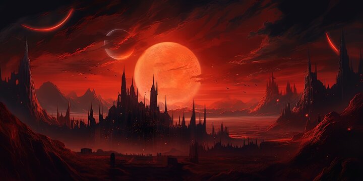 Scenery of castle of thorn with solar eclipse in dark red sky, digital art style, illustration painting