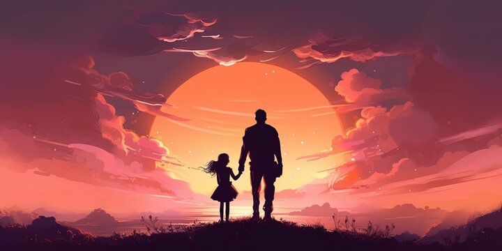 Silhouette of the father carring his daughter up at sunset, digital art style, illustration painting