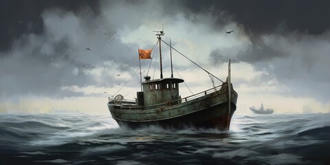 Fototapeta premium The boat on the sea with grey sky on background, illustration painting
