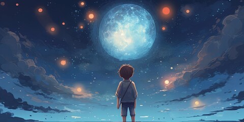 Obraz premium The boy holding glowing moon standing against hanging stars in the beautiful sky, digital art style, illustration painting