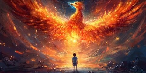 The child looking at the phoenix bird flying above him, digital art style, illustration painting