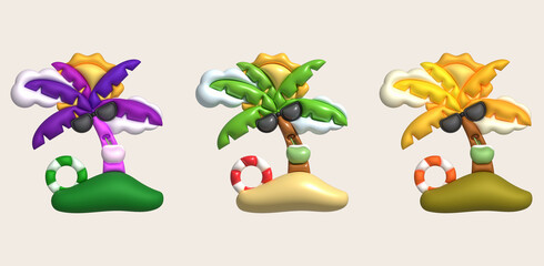 3d illustration Coconut tree wearing sunglasses drinking coconut water Cloud floats and surfboards in summer