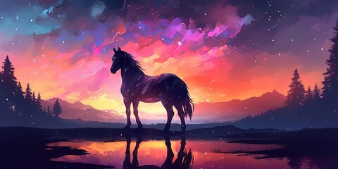 The magic horse standing alone against the colorful night sky, digital art style, illustration painting
