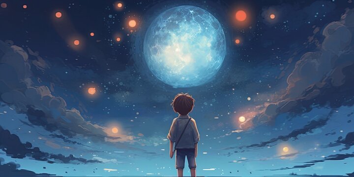 The boy holding glowing moon standing against hanging stars in the beautiful sky, digital art style, illustration painting