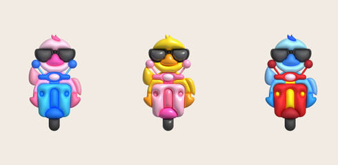 3D illustration duck wearing dark glasses driving a motorcycle. minimal style.