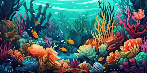 Fototapeta na wymiar Underwater world. Reefs and fish in the ocean. vector flat bright colors