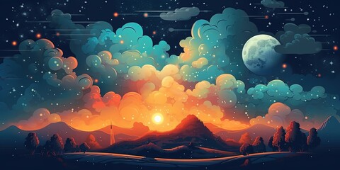 Vector illustration of cumulonimbus clouds at night with a background of starry night and a big full moon vector flat bright colors