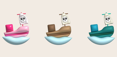 3D illustration toy pirate ship sailship, pirate galleon, cruise, fishing trawler. minimal style.