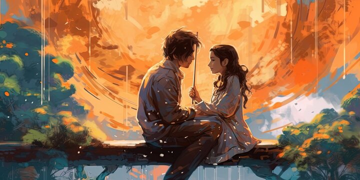 Young couple in love outdoor, illustration, digital painting