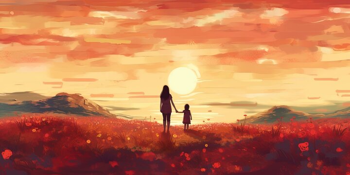 Waiting for you in a beautiful place. Woman and her child standing on the meadow looking forward at the horizon, digital art style, illustration