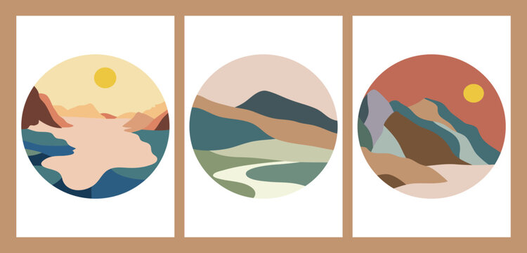 Set of mountains landscape illustration. Round icon. creative minimalist hand painted illustrations of Mid century modern art with Ocean, hills, wave