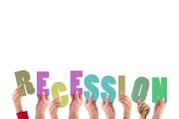 Digital png illustration of hands with recession text on transparent background