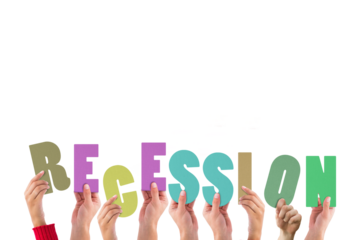 Digital png illustration of hands with recession text on transparent background