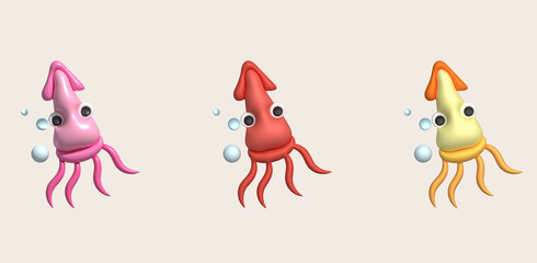 3D illustration Cute underwater animals squid and octopus. minimal style.