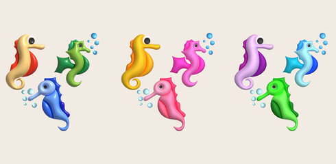 3D illustration Cute underwater animals sea ​​horse. minimal style.