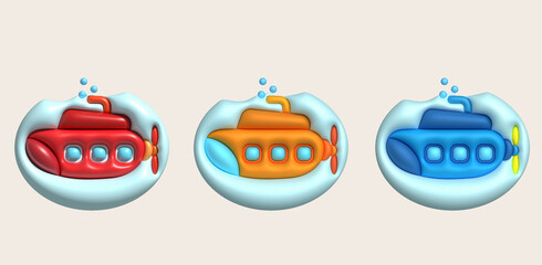 3D illustration  Submarine undersea with bubble.Kids toys minimal style.