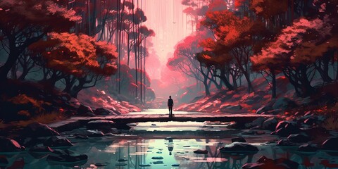 Woman walks on a branch on a stream and looks at the monoliths in the forest, digital art style, illustration painting
