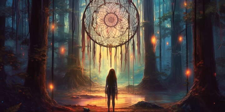 Woman standing and looking at the dreamcatcher hanging from the trees in the mysterious forest, digital art style, illustration painting